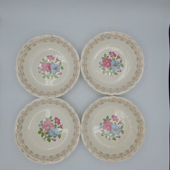 French Saxon China 22k Blossomtime 7.5 Inch Diameter Gold Bowls Set Of 4 Set 2 - Picture 1 of 10